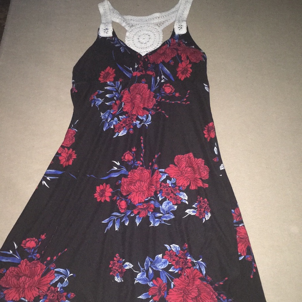 red, black, blue floral dress